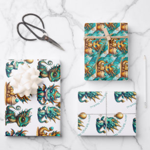 Cute Personalized Dragon Themed Birthday Wrapping Paper Sheet