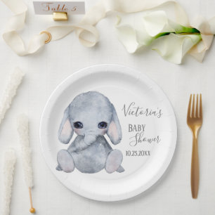 Cute Personalized Elephant Name Date Watercolor Paper Plate