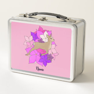 Cute Personalized Fawn with Flowers Pink Metal Lunch Box