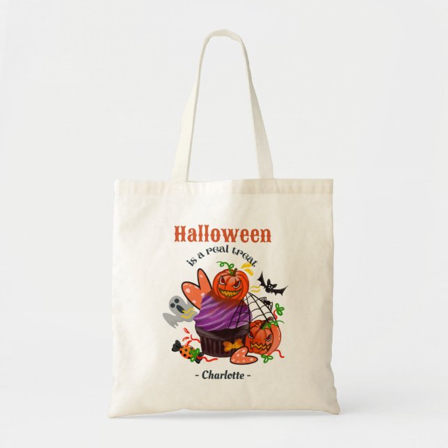 Cute Personalized Kids Halloween Trick or Treat Tote Bag (Front)