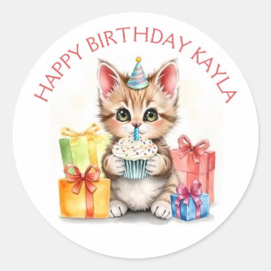 Cute Personalized Kitten in Birthday Hat  Classic Round Sticker