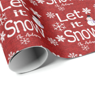 Cute Personalized Let it Snow Red Linen Snowman Wrapping Paper