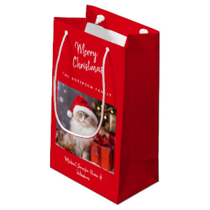 Cute Personalized Merry Christmas Cat Photo Small Gift Bag