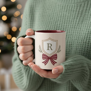 Cute Personalized Monogram Initial Bow Christmas Two-Tone Coffee Mug