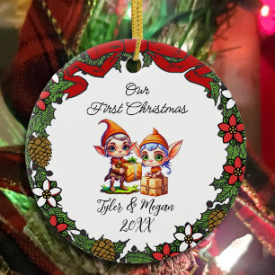 Cute Personalized Our First Christmas Elves Ceramic Tree Decoration