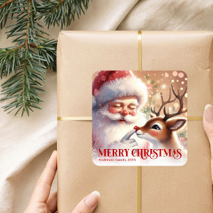 Cute Personalized Santa Rudolph Winter Holiday Square Sticker
