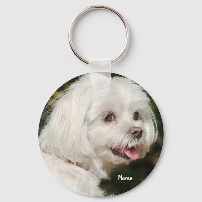 Cute Personalized White Maltese Puppy Dog Key Ring (Front)