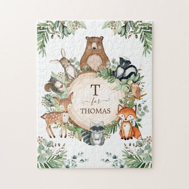 Cute Personalized Woodland Forest Animals Monogram Jigsaw Puzzle (Vertical)