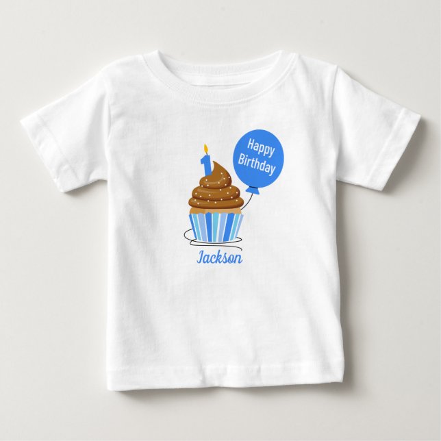 cute personlize first Birthday Tshirt cupcake Blue (Front)