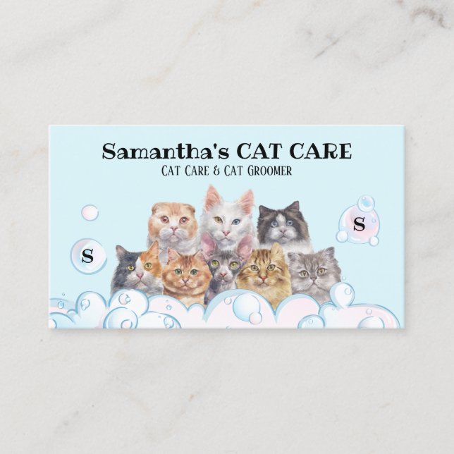 Cute Pet Care Spa Salon Sitting Bath Groomer Cat Business Card (Front)