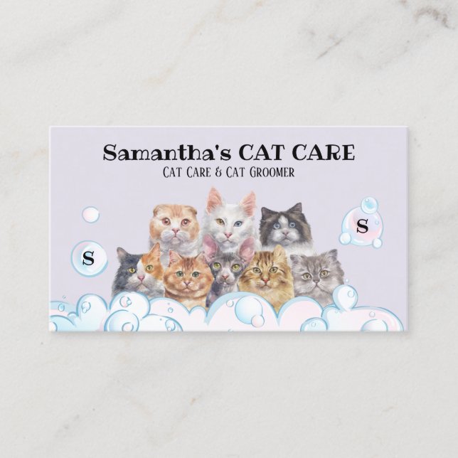 Cute Pet Care Spa Sitting Bath Groomer Cat Business Card (Front)
