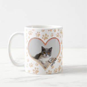 Cute Pet Cat Photo Heart glitter & Paws Pattern Coffee Mug