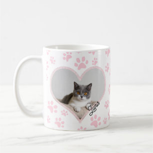 Cute Pet Cat Photo Heart glitter & Paws Pattern Coffee Mug