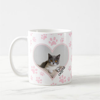 Cute Pet Cat Photo Heart glitter & Paws Pattern Coffee Mug