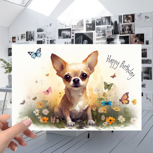 Cute Pet Chihuahua Puppy Dog and Flowers Birthday Card