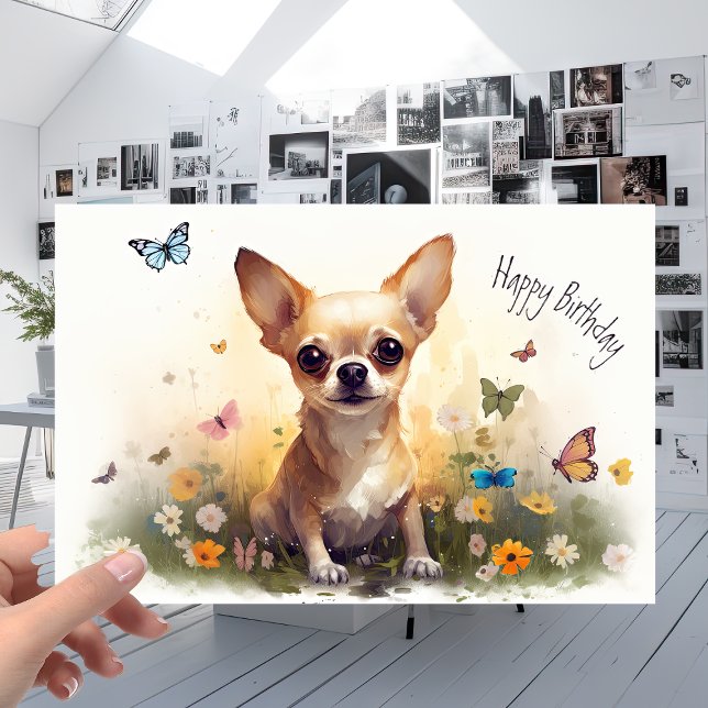 Cute Pet Chihuahua Puppy Dog and Flowers Birthday Card (Creator Uploaded)