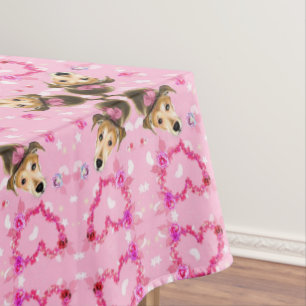 Cute Pet Dog and Hearts Pink Tablecloth