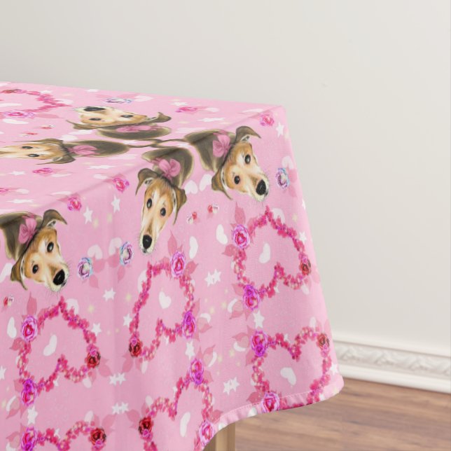 Cute Pet Dog and Hearts Pink Tablecloth (In Situ)