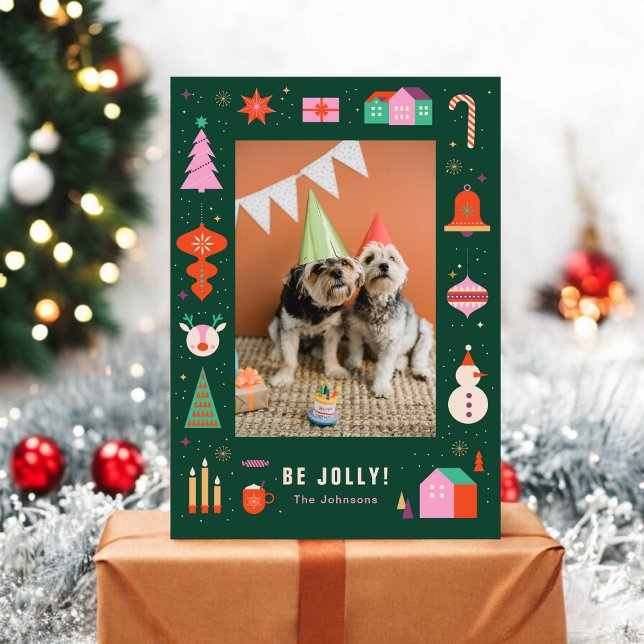 Cute Pet Dog Colorful Frame Christmas Photo Holiday Card (Creator Uploaded)