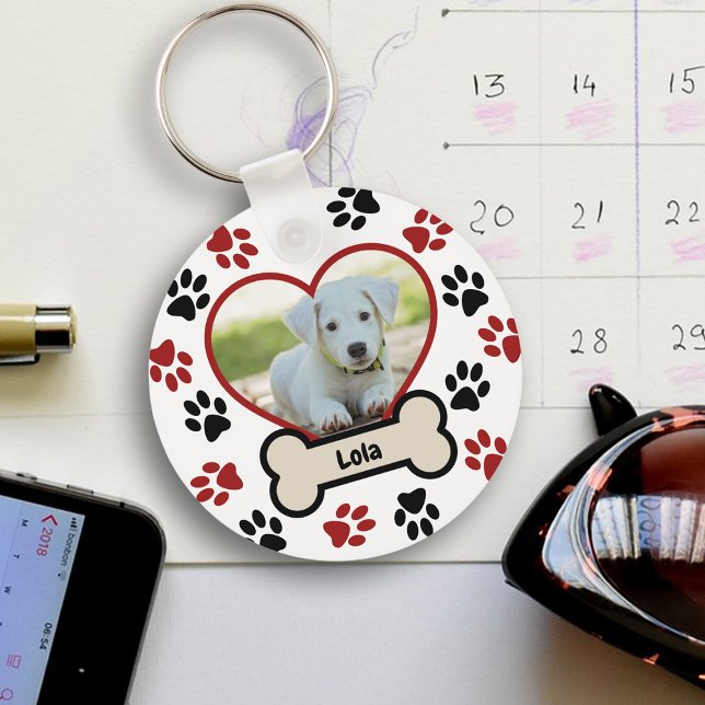 Cute Pet Dog Photo Heart Red & Black Paws Pattern Key Ring (Creator Uploaded)