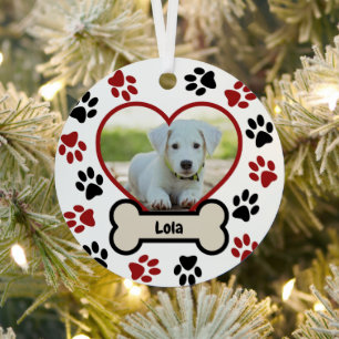 Cute Pet Dog Photo Heart Red & Black Paws Pattern Metal Tree Decoration