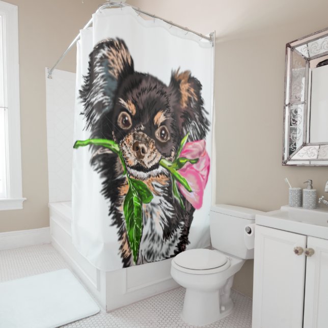 Cute Pet Dog with Rose Shower Curtain Customisable (In Situ)