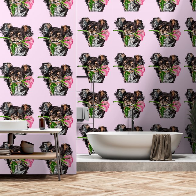 Cute Pet Dog with Rose Wallpaper (Bathroom)