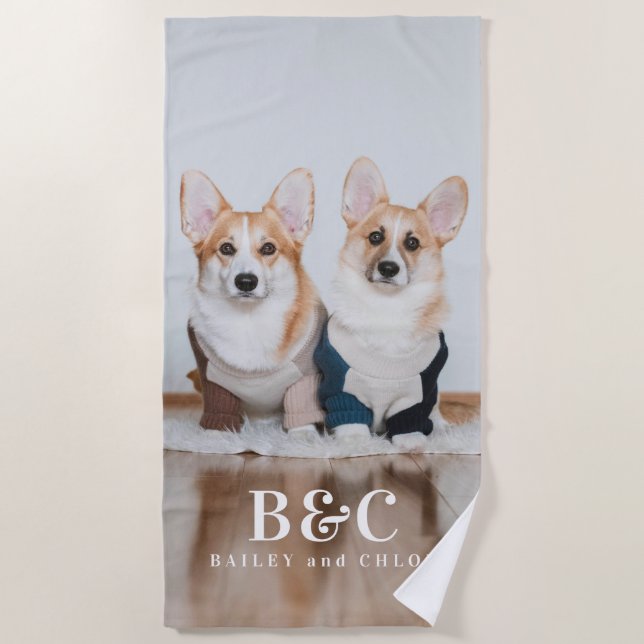 Cute Pet Dogs Photo Monogram Names Summer Beach Towel (Front)