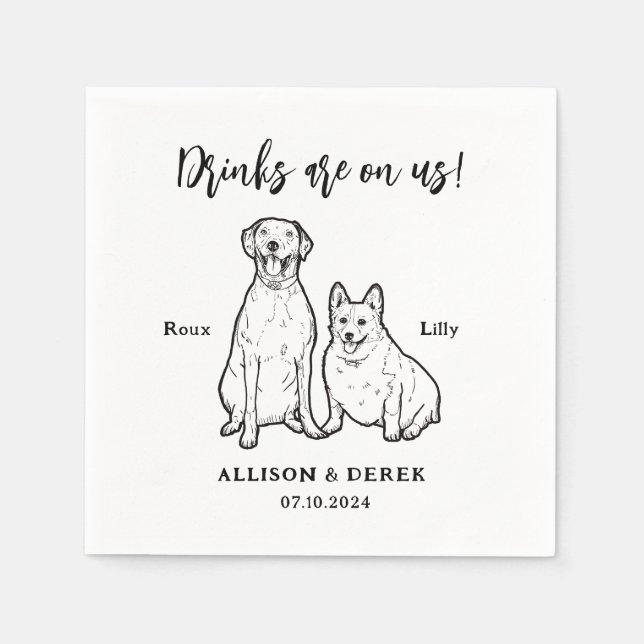 Cute Pet Drawing Personalised 2 Dogs Wedding Napkin (Front)