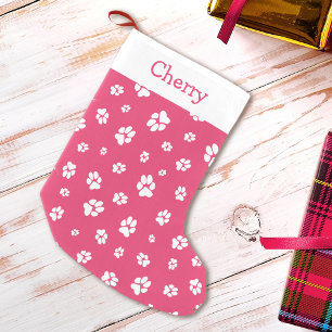 Cute Pet Paw prints Pattern Pink Monogram Name Small Christmas Stocking