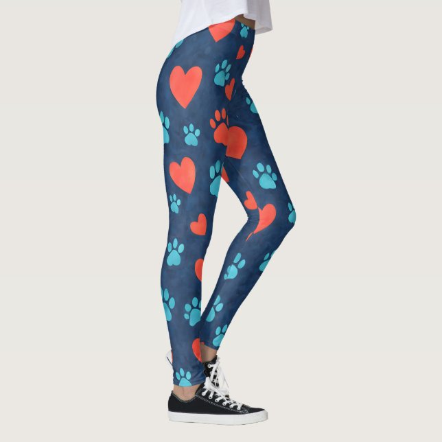 Cute Pet Paws & Hearts Pattern Leggings Watercolor (Right)