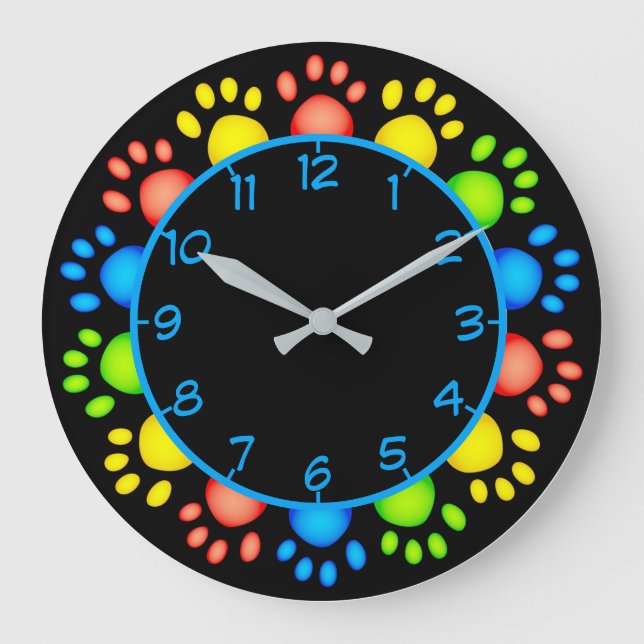 Cute Pet Paws Rainbow Colours Animal Lovers Large Clock (Front)