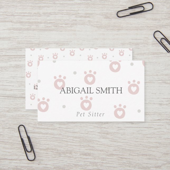 Cute Pet Paws with Hearts Pet Sitter Business Card (Front/Back In Situ)