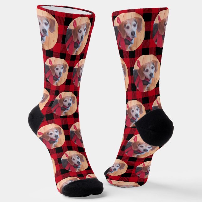 Cute Pet Photo Black Red Buffalo Plaid Christmas  Socks (Angled)