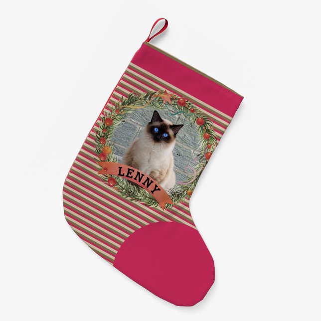 Cute Pet Photo Cat Berry Wreath Christmas  Small Christmas Stocking (Front (Hanging))