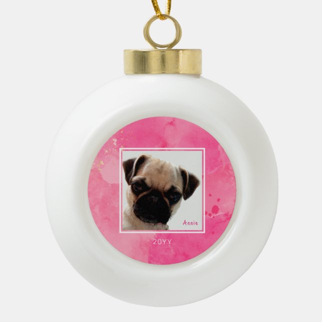 Cute Pet Photo Ceramic Ball Christmas Ornament (Front)