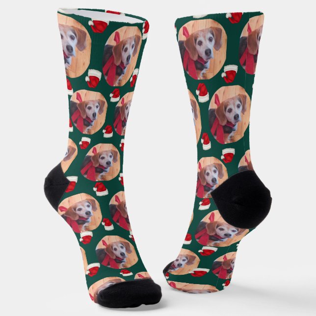Cute Pet Photo Emerald Green Santa Hats Christmas  Socks (Angled)