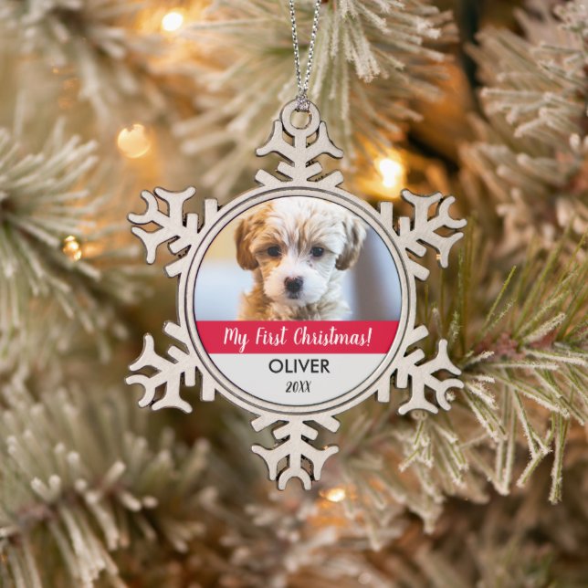 Cute Pet photo keepsake Puppy's first christmas Snowflake Pewter Christmas Ornament (Tree)