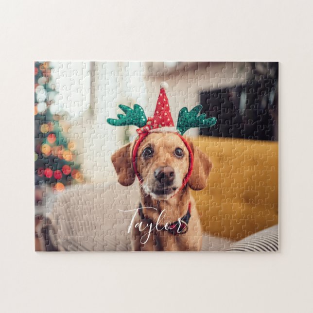 Cute Pet Photo Modern Christmas Holidays Jigsaw Puzzle (Horizontal)