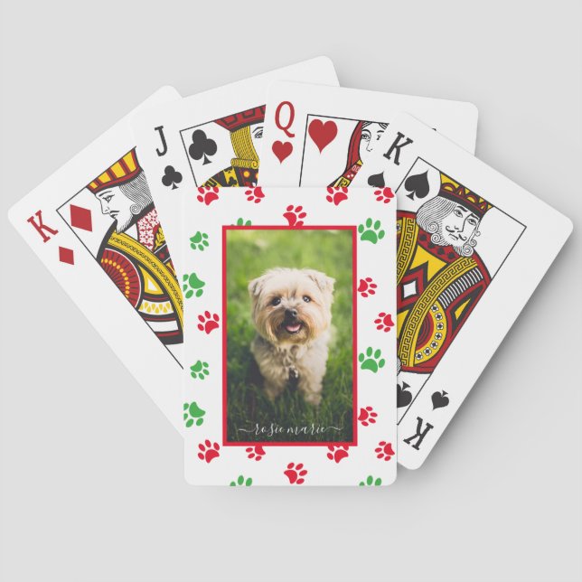 Cute Pet Photo Name Red Green Paw Prints Holiday Playing Cards (Back)
