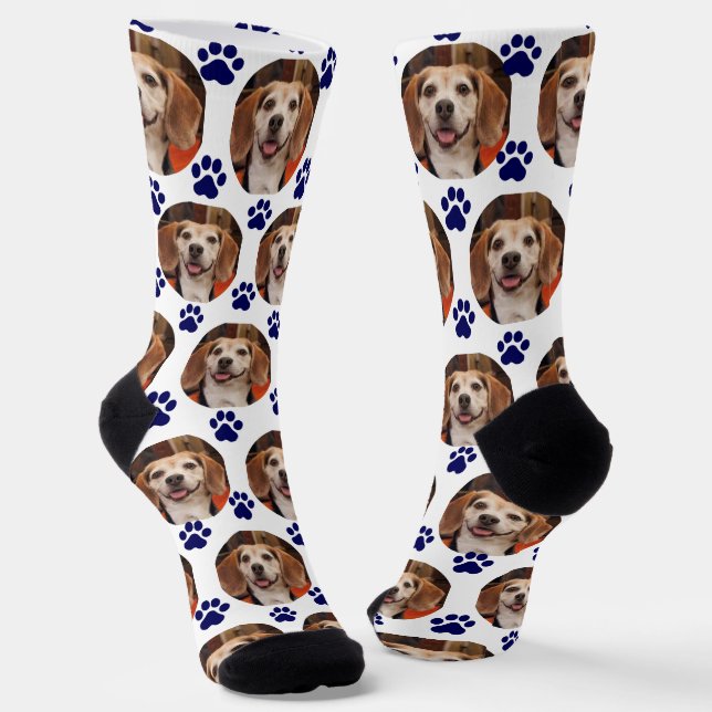 Cute Pet Photo Navy Paw Prints Dog Cat Socks (Angled)