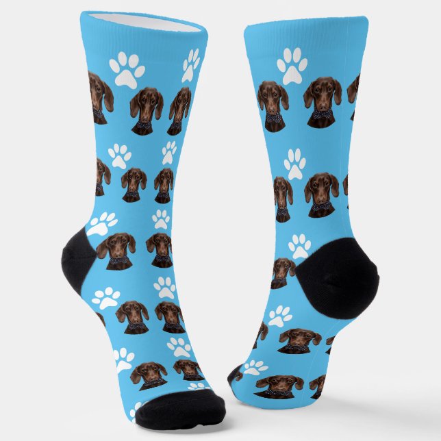 Cute Pet Photo Pattern Light Blue & White Paw Socks (Angled)