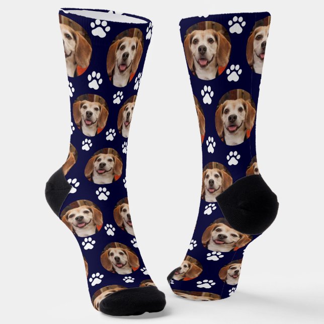  Cute Pet Photo Paw Print Custom Navy Socks (Angled)