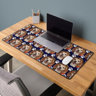 Cute Pet Photo Paw Print Navy Gaming Desk Mat