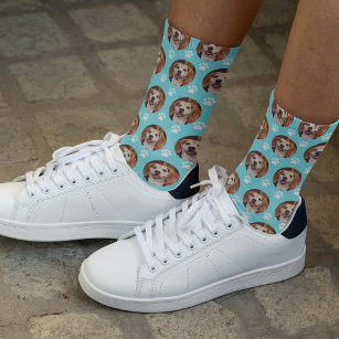 Cute Pet Photo Paw Print Turquoise Cat Dog Socks