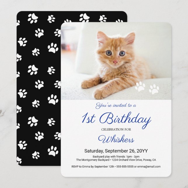 Cute Pet Photo Paw Prints Birthday Party Invitation (Front/Back)