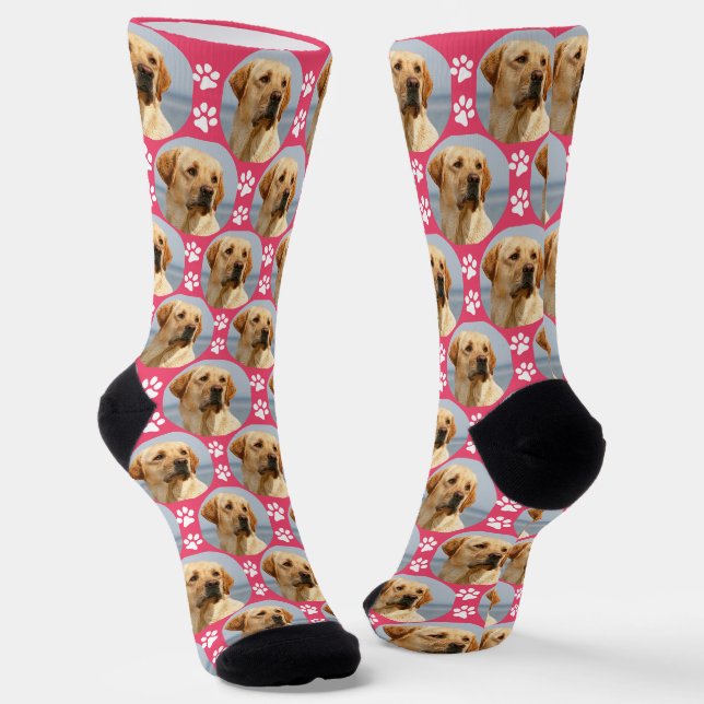 Cute Pet Photo Paw Prints Custom Pink Novelty Dog Socks (Angled)