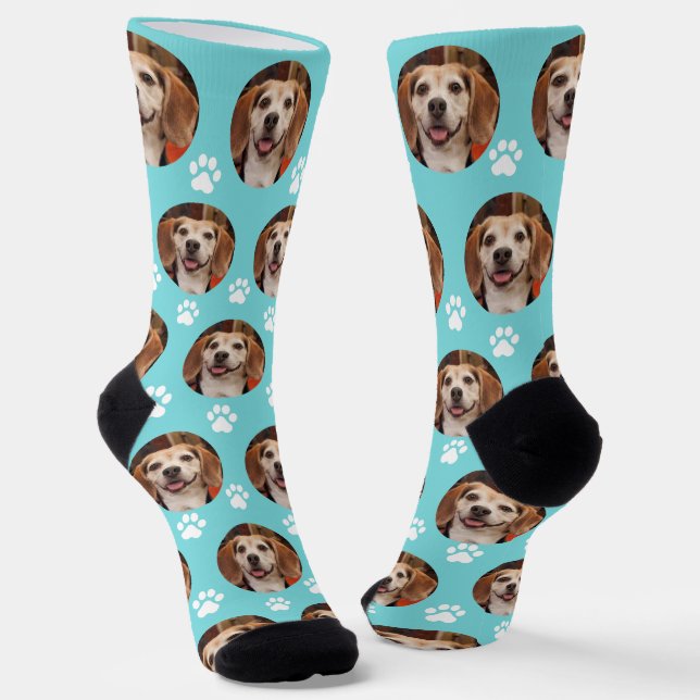  Cute Pet Photo Paw Prints Custom Turquoise Socks (Angled)