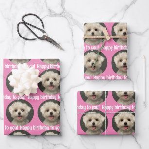 Cute Pet Photo Pink Happy Birthday Wrapping Paper Sheet