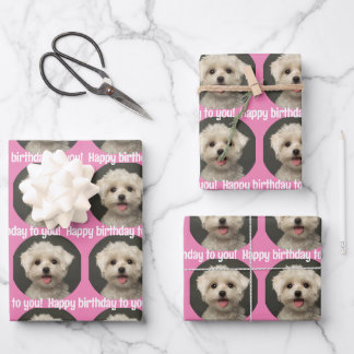 Cute Pet Photo Pink Happy Birthday Wrapping Paper Sheet